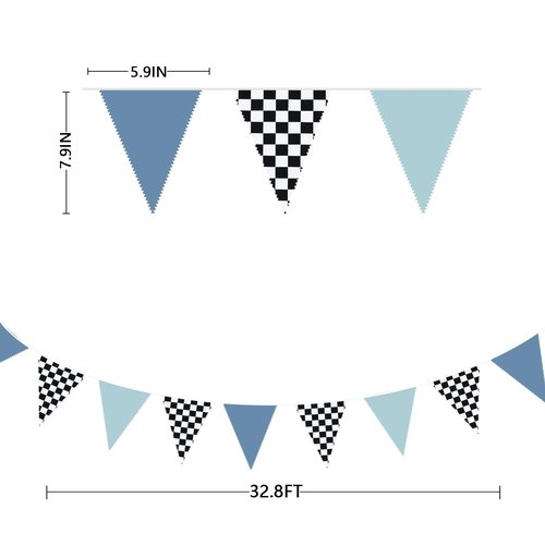 32Ft Racing Party Decorations Dusty Blue Black White Checkered Racing Car Fabric Banner Triangle Flag Pennant Garland Streamers for Boys Race Car Birthday Racetrack Baby Shower NASCAR Picnic Decor