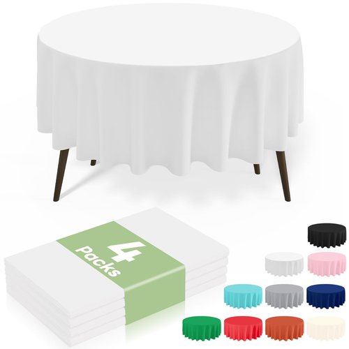 misaya 4 Packs Disposable Plastic Table Cloth, 84" Round Waterproof Tablecloth, Leakproof & Sturdy Decorative Table Covers for Picnic, Party and Outdoor, White