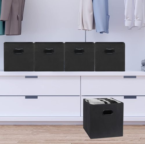 Simple Houseware Foldable Cube Storage Bins with Handles, 11-Inch, Black, 6-Pack, Fabric Cubes Organizer for Closet or Shelves