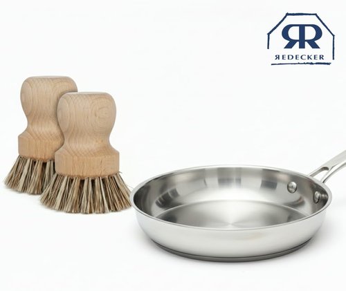 Redecker Pot Brush, Union Fibre, 2-Pack Heavy Duty Scrub Brushes for Pots, Cast Iron & Baked-On Residue, Beechwood, 2.6-Inch Round, Made in Germany