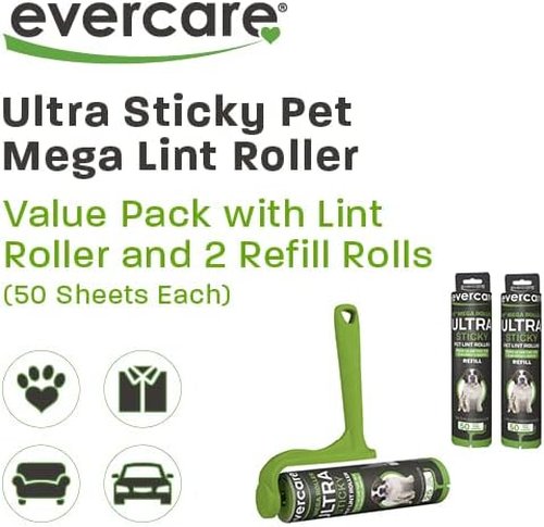 Evercare Ultra Sticky Pet Lint Roller - Mega Value Pack with Handle & 2 Refills | 50 Sheets Each