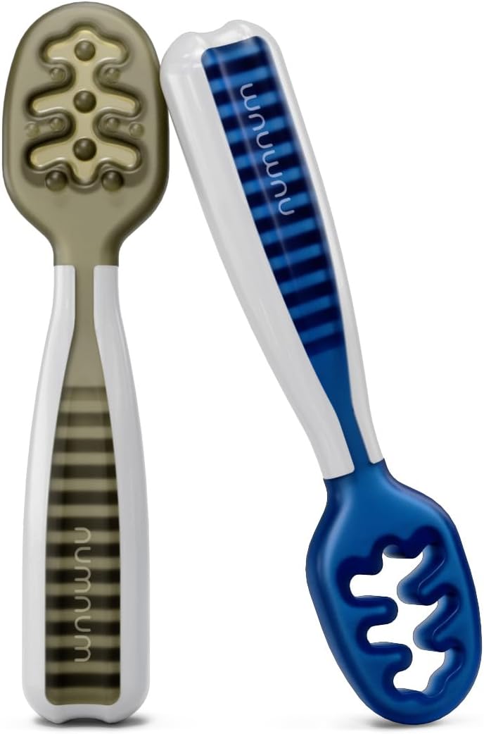 NumNum Baby Spoons Set - GOOtensils for Self-Feeding | Silicone, BPA-Free, 2 Pack in Olive & Newbury Navy