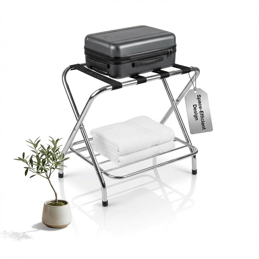 USTECH Luggage Rack double tier for Guest Room ,Chrome, Foldable Suitcase Stand with Straps,self assemble – Heavy Duty Luggage Stand for Bedroom, Hotel, or Closet Storage(Pack of 1)