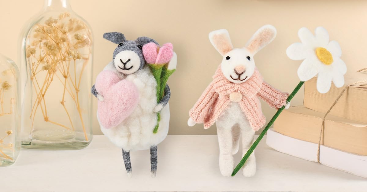 Primitives by Kathy Daisy Flower Bunny Collectible Felt Critter,5.5-inch, with Handmade Detail Knit Sweater with Pom - Tiered Tray, Shelf, or tablescape Display with Our Other Spring & Easter Decor
