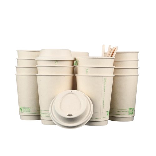 Living Balance Certified Compostable Coffee Cups with Bagasse Lids 12 oz – 75 Pack Cups with Stirrers & Integrated Sleeves | Leak Proof, BPA-Free & CPLA Certified Plant-based | To-Go cup for Drinks