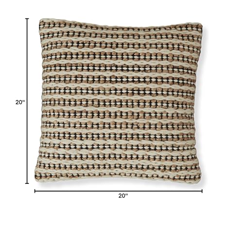 Signature Design by Ashley Nealington Casual Square Wool and Jute Pillow with Stripe Design, 20" x 20", Light Brown