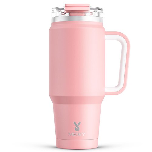 Meoky 32 oz Tumbler with Handle, Insulated Tumbler with Lid and Straw, Stainless Steel Travel Mug, Keeps Cold for 24 Hours, 100% Leak Proof, Fits in Car Cup Holder (Blush)