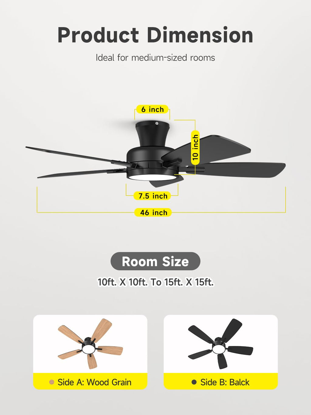 TALOYA Ceiling Fans with Lights and Remote, 46 Inch Low Profile Ceiling Fan with Light, Flush Mount, Reversible, 3CCT, Dimmable Black Modern Ceiling Fan for Bedroom, Living Room, Outdoor Patio