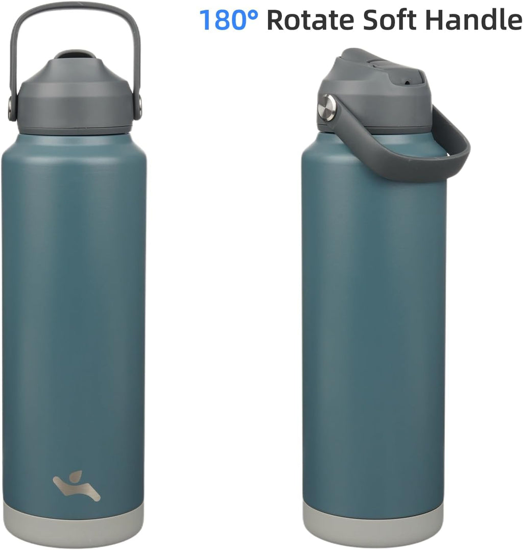 Skiennix Insulated Water Bottle - 40 oz Stainless Steel with Straw Lid & Silicone Handle | Dark Gray