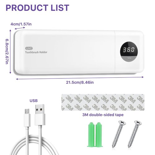 Smart Toothbrush Holder Toothbrush Cleaner and Holder for Bathrooms-4 Toothbrush Slots & Timer Function, Rechargeable Cordless Wall Mounted Toothbrush Holders,Clean,Dry for Home,Travel