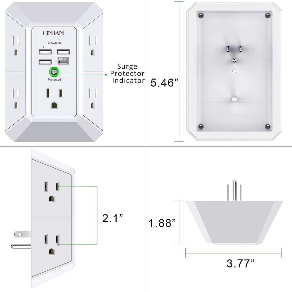 QINLIANF Wall Charger - 5 Outlet Surge Protector with 4 USB Ports | 3-Sided 1680J Power Strip for Home & Office