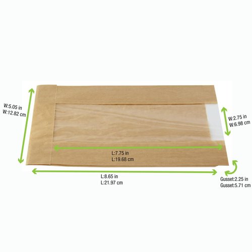 PACKNWOOD - 210SVIS2214 - Brown Kraft Bag with Window - Kraft Sealable Bag with Window - Clear Front Brown Kraft Paper - Recyclable Paper Bags - (8.7" x 5.5" x 2.4") - (Case of 1000)