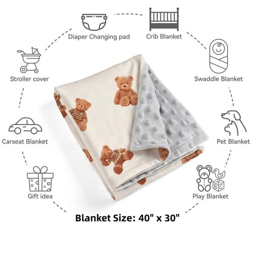 FIGEPO Bear and Buffalo Check Plaid Baby Blanket Gender Neutral Blankets for Newborn Baby Girls or Boys Nursery Toddler Double Layer Blanket with Dotted Backing and Bear Printed (Bear1)