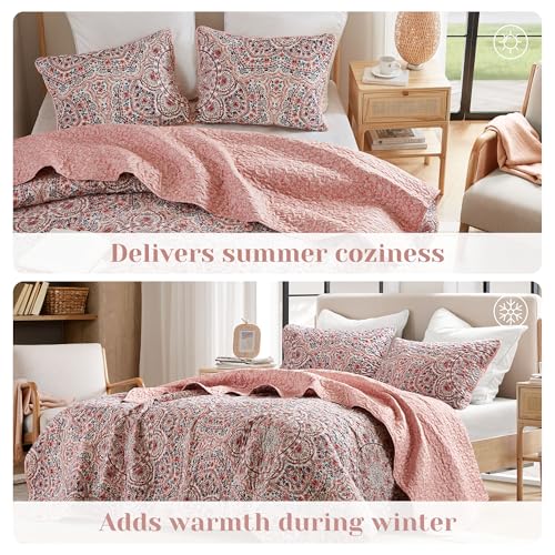 Comfort Spaces Valerie Boho Quilt Set Twin/Twin XL Pink - Soft Reversible Watercolor Medallion Bedding, Lightweight All Season Bedspread for Kids Teens Dorm Guest Room