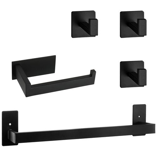 Vanloory 5 Pieces Self Adhesive Bathroom Hardware Set-SUS304 Stainless Steel-Towel Rack Set Include 16″Towel Bar+Toilet Paper Holder+3 Towel/Robe Hooks Bathroom Accessory (Matte Black, 16 in)