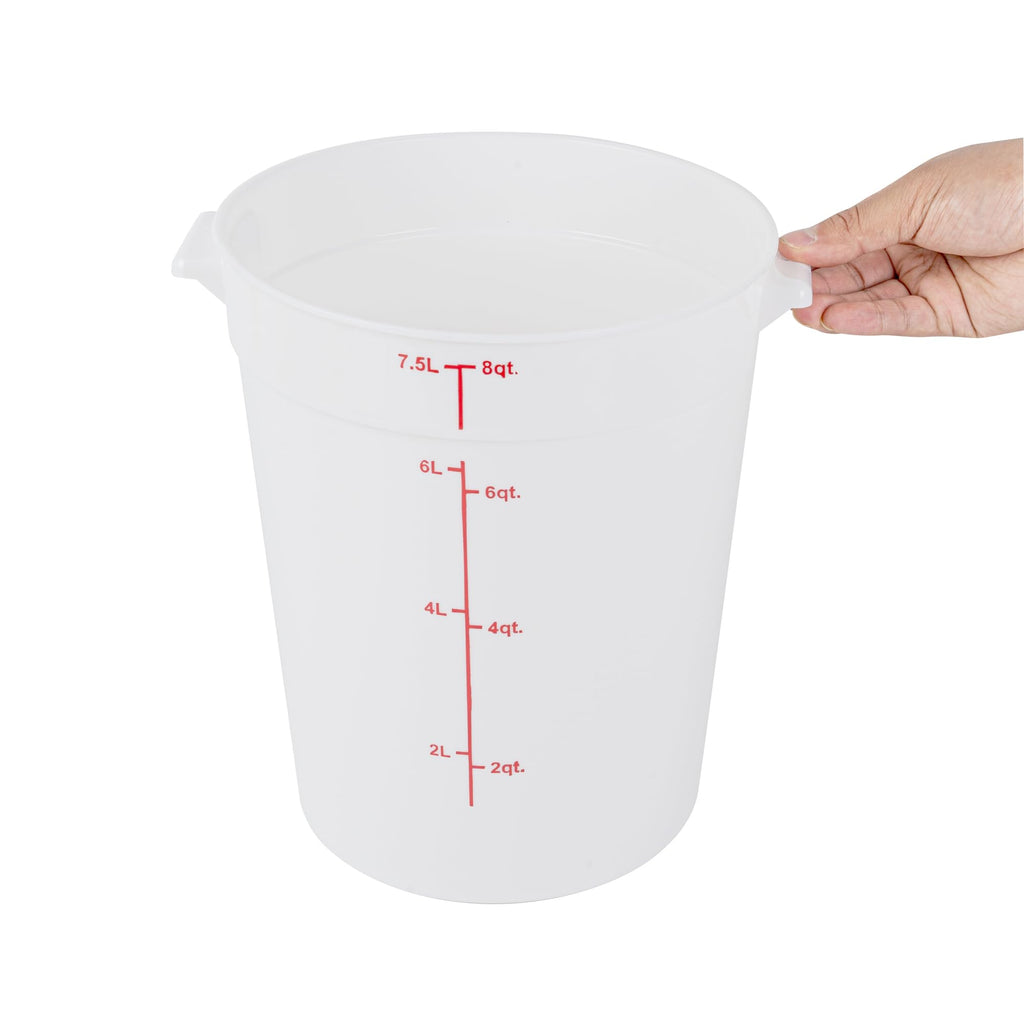Restaurantware-Met Lux 8 Quart Food Storage Containers, 10 White Storage Containers - Lids Sold Separately, Red Volume Markers, Dishwashable Containers, Side Handles, For Storing Foods
