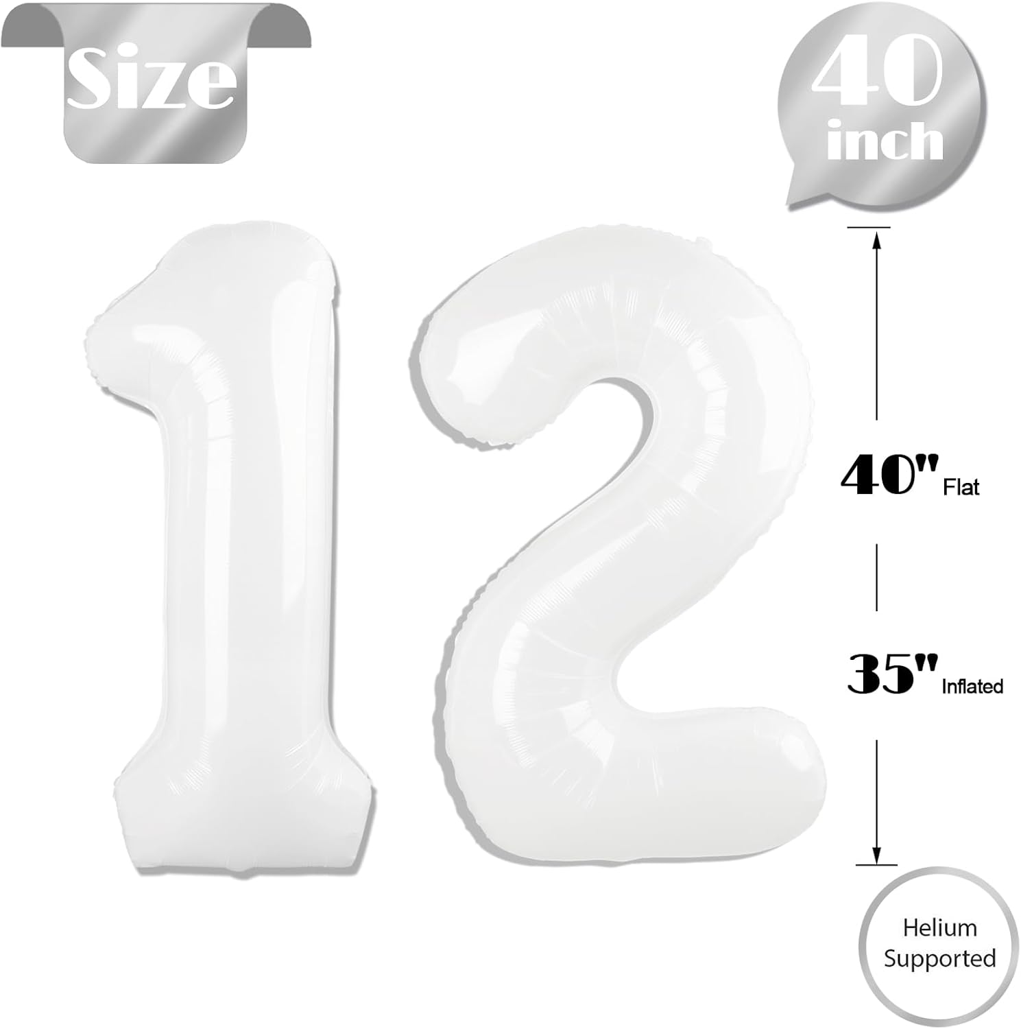 White Number 12 Balloon - 40 Inch Birthday Decoration for 12th Birthday Party Supplies