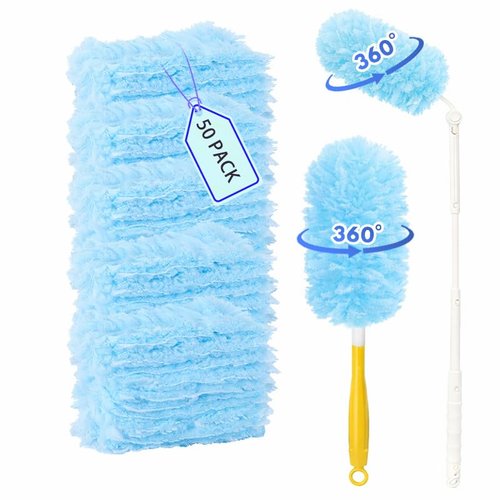 50 Count Duster Refills 360° Heavy Duty Duster Refills Compatible with Swiffer Duster, Multisurface Heavy Duty Duster Replacements with 1 Short Handle and 1 Extenda Handle
