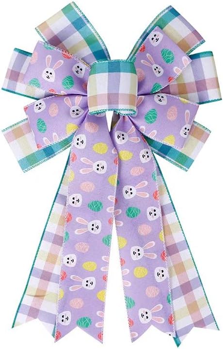 SIMISI Ribbon Easter Wreath Bow - Large Burlap Wired Bow with Bunny Eggs | Perfect for Door & Party Decor (11x17.7 Inch)
