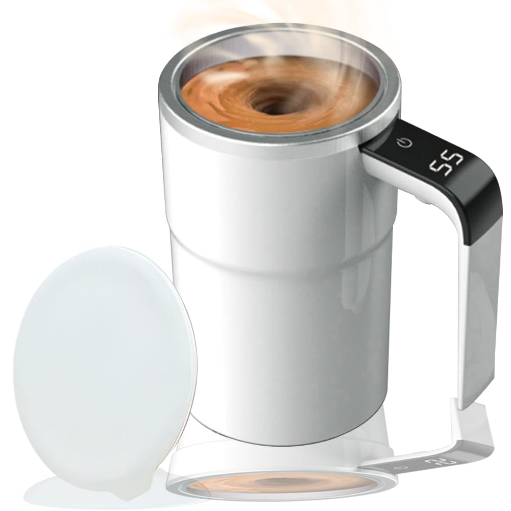 Self-stirring Coffee Mug Magnetic Stirring Cup Drink Stirrer Rechargeable Automatic Mixing Cup w/LCD Thermometer for Coffee Tea Hot Chocolate (White, 13 oz)