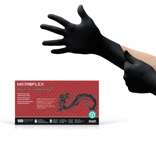 Ansell MICROFLEX Black Dragon BD-100L Heavy Duty 6.7 mil Latex Exam Gloves for Automotive, Food, Life Sciences, Healthcare, Size 9 (L), Black (Pack of 100)