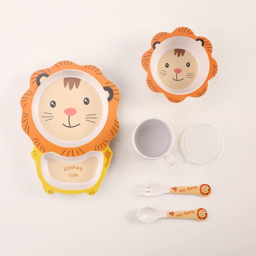 Fekdod Kids Dinnerware Set Bamboo 5 Pcs with Plate Bowl Cup Fork Spoon (Lion)