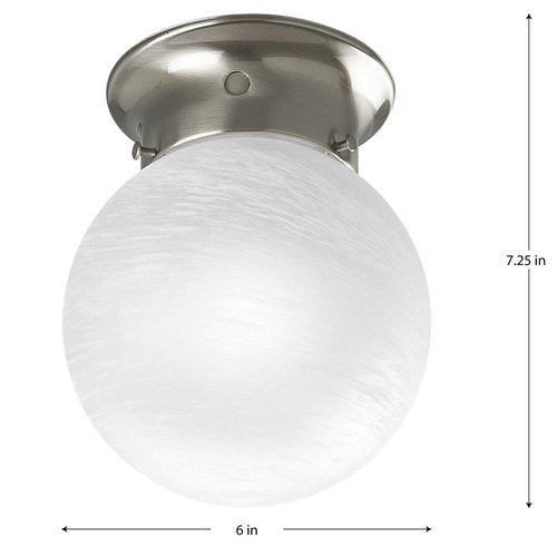 Progress Lighting 1 Light Ceiling Light, 6-Inch Glass Globe Flush Mount Ceiling Lighting Fixture, Dimmable, White Glass, Brushed Nickel (P3401-09)