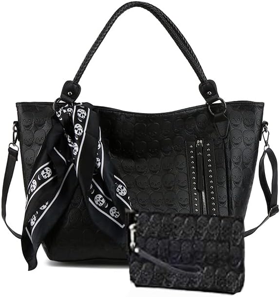 Zuoge Women’s Skull Tote Bag - Stylish Studded PU Leather Handbag & Wallet Set | 3-Piece Collection
