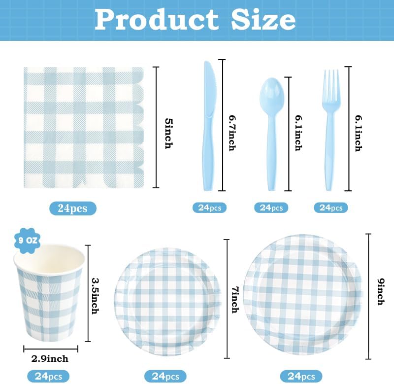 Skiennix 168-Piece Gingham Party Supplies Set - Disposable Plates, Napkins & Cutlery for 24 Guests | Blue
