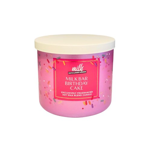 Bath & Body Works Milk BAR Birthday Cake 3-Wick Scented Candle 14.5 oz – 2025 Limited Edition – Gift Set with 30-Inch Metallic Gold & Silver Striped Bow for Birthdays & Holidays