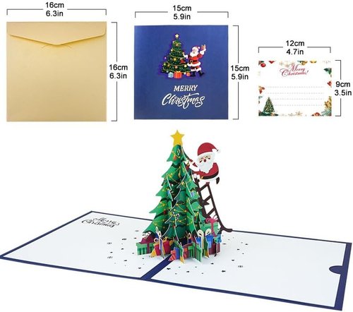 3D Christmas Tree Pop-Up Card | Merry Christmas Design with Santa Claus | Includes Envelope & Message Note