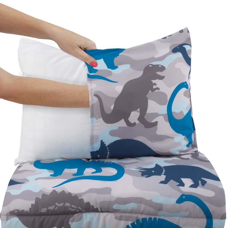 Kids Dino Nap Mat - Large Foldable Preschool Bed with Handles, Navy & Gray