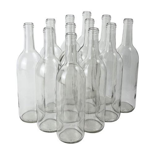 FastRack - 750 ml Clear Glass Bottles Wine Bottles (Pack of 12) | NO CORKS INCLUDED | Clear Bordeaux Flint Flat-Bottomed Cork Top Bottle for Wine Making | Case of 12