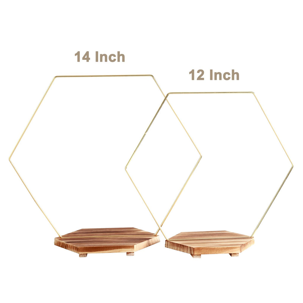 MJRASG 4 Pack Hexagonal Floral Hoops with Stand 14 Inch Wedding Cake Stand Metal Rings for DIY Centerpiece Table Decorations Crafts Wreath Wedding Birthday Wreath Candle Rings, Gold