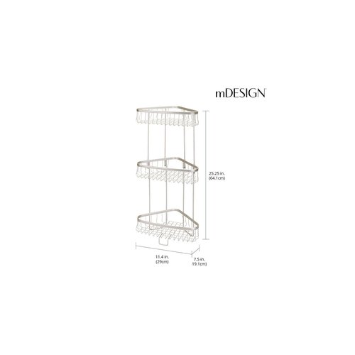 mDesign Metal 3-Tier Bathroom Corner Shower Shelf - Free Standing Vertical Unit Storage Shelves - for Organizing Soaps, Shampoos, Conditioner, Fash Face, Body Scrubs, Body Washes - 3 Baskets - Satin