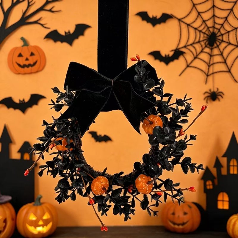 Halloween Wreath Set - 4 Mini 9-Inch Artificial Wreaths with Pumpkins & Velvet Bows