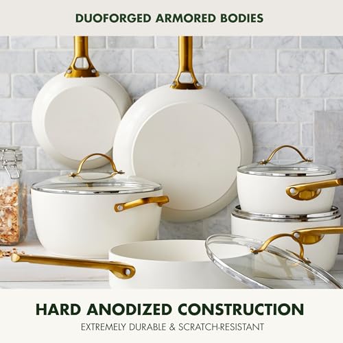 GreenPan Hard Anodized Healthy Ceramic Nonstick 8" and 10" Frying Pan Skillet Set, Gold Handle, PFAS-Free, Dishwasher Safe, Oven Safe, Cream White
