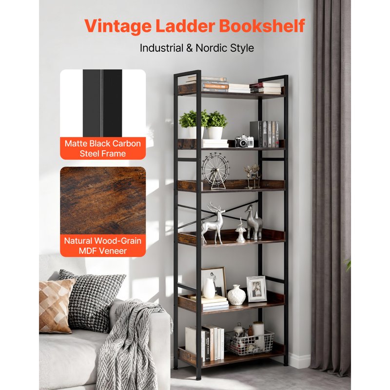 Industrial 6-Tier Bookshelf - Vintage Ladder Shelf, Rustic Brown