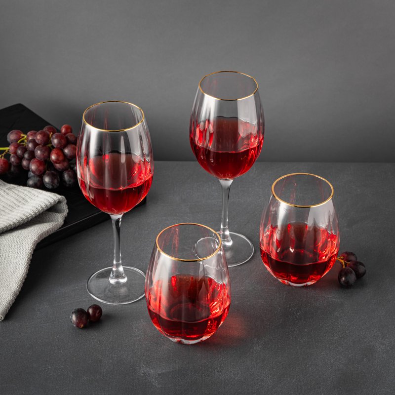 Scalloped Wine Glass Set with Gold Rim - 4 Piece