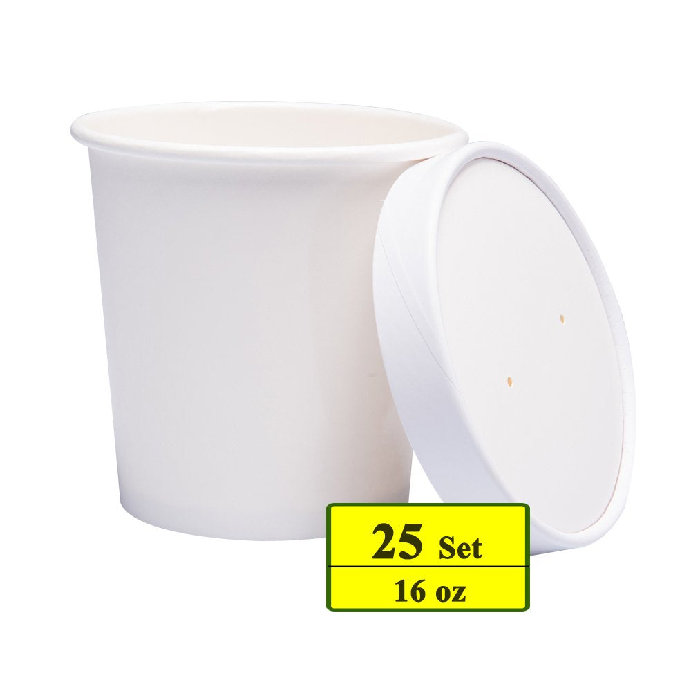 Belinlen Paper Ice Cream Cups with Paper Lids, Hot/Cold Soup Cups with Lids (White) (25, 16 oz)
