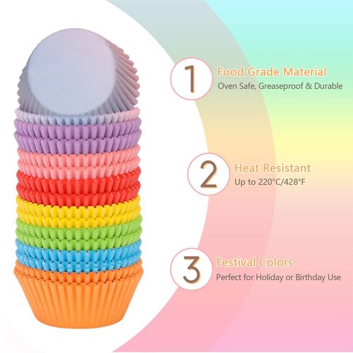 SKIDEC Rainbow Standard Cupcake Liners 400 Count Solid Colorful Paper Baking Cups Food Grade Disposable Cupcake Wrappers Bright Color Muffin Cups for Wedding Birthday Tea Party Baking Supplies