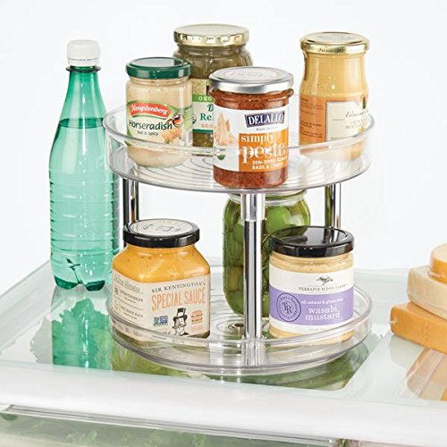 mDesign 2-Tier Lazy Susan Turntable for Kitchen Cabinets, Shelf, Table, Countertop - 9" Multi Level Rotating Organizer Carousel - Storage Turntable Organizer - Ligne Collection - Clear/Chrome