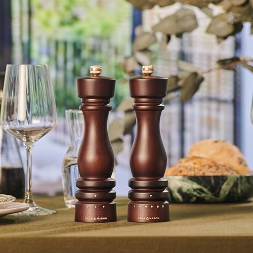 Cole & Mason London Pepper Mill – Refillable Spice Shakers with a Premium Wood Design - Adjustable for Fine to Coarse Seasonings - Uses Carbon Steel Mechanism - Chocolate Wood, 8"