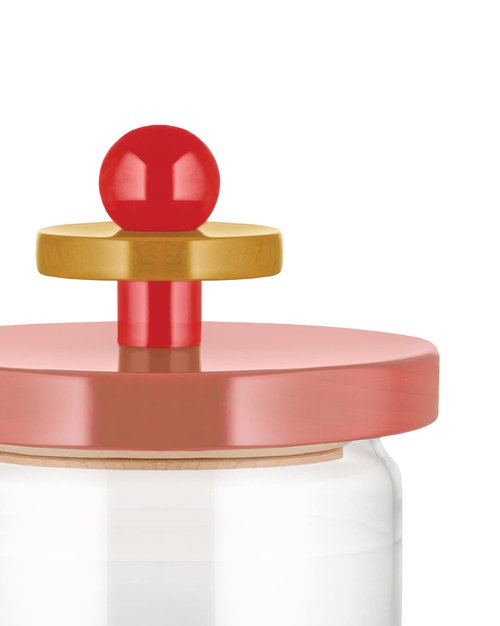 Alessi Mr. Sottsass I Suppose ES16 / 75 2 - Design Hermetic Glass Jar with Lid in Beech, Pink, Red and Yellow Wood