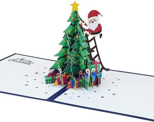 3D Christmas Tree Pop-Up Card | Merry Christmas Design with Santa Claus | Includes Envelope & Message Note