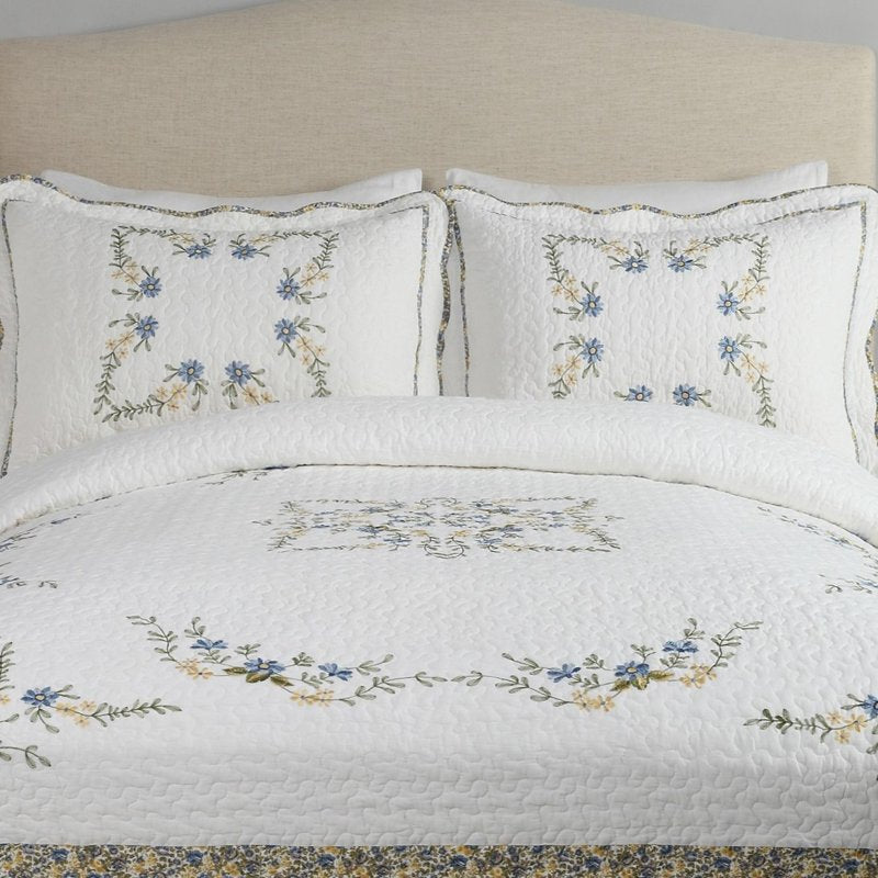 Full Size Floral Embroidered Bedspread - Heather White & Blue Cotton