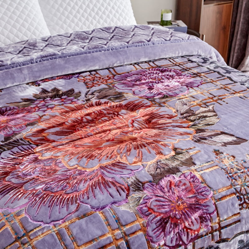 Heavy King Size Fleece Blanket 87x94 Navy Grey Floral - Reversible 2-Ply Warm Throw - A&B Pattern Variation