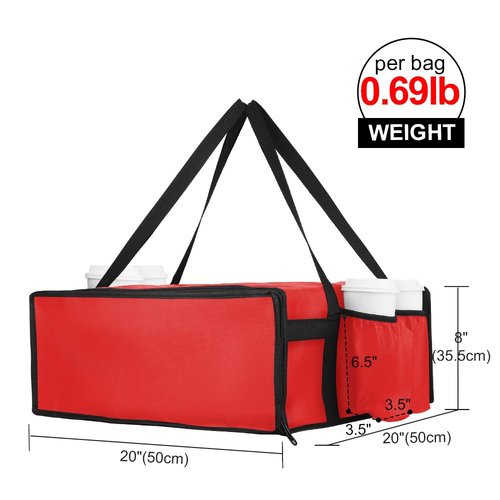 Bodaon Pizza Bags for Delivery with 4 Cup Holder, Insulated Food Commercial Rideshare Bag, 20" x 20" x 8" Pizza Warmer Bags Insulated, Delivery Driver Essentials, Red