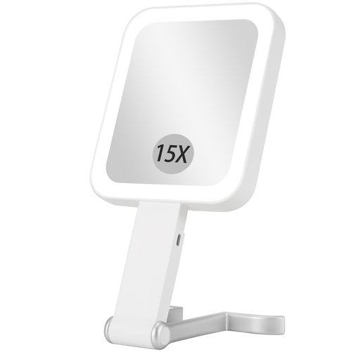 DECLUTTR Travel Makeup Mirror with Lights, Rechargeable 1X/15X Magnifying with Light Double Sided，Portable Handheld Mirror with 3 Color Light Dimmable, Tabletop,Hanging,White