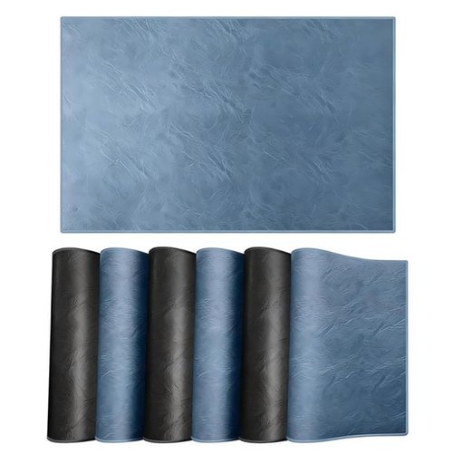 Black Faux Leather Placemats Set of 6, Waterproof Kitchen Blue Table Mats for Dining, Reversible PU Placemats in Crazy Horse Look, Oilproof Wipeable Bridle Leather Placemat for Office 12x18 Inch